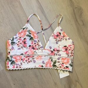 NWT! Zara Cropped White Pink Floral Crisscross Tie Back Corset Top - Size S